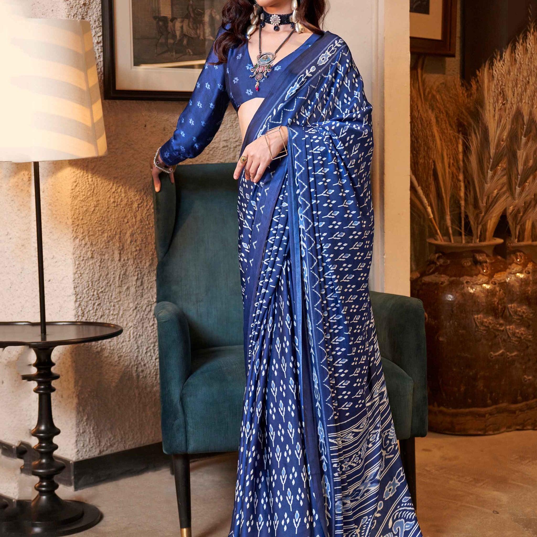 Wonderful Royal Blue Digital Printed Satin Function Wear Saree