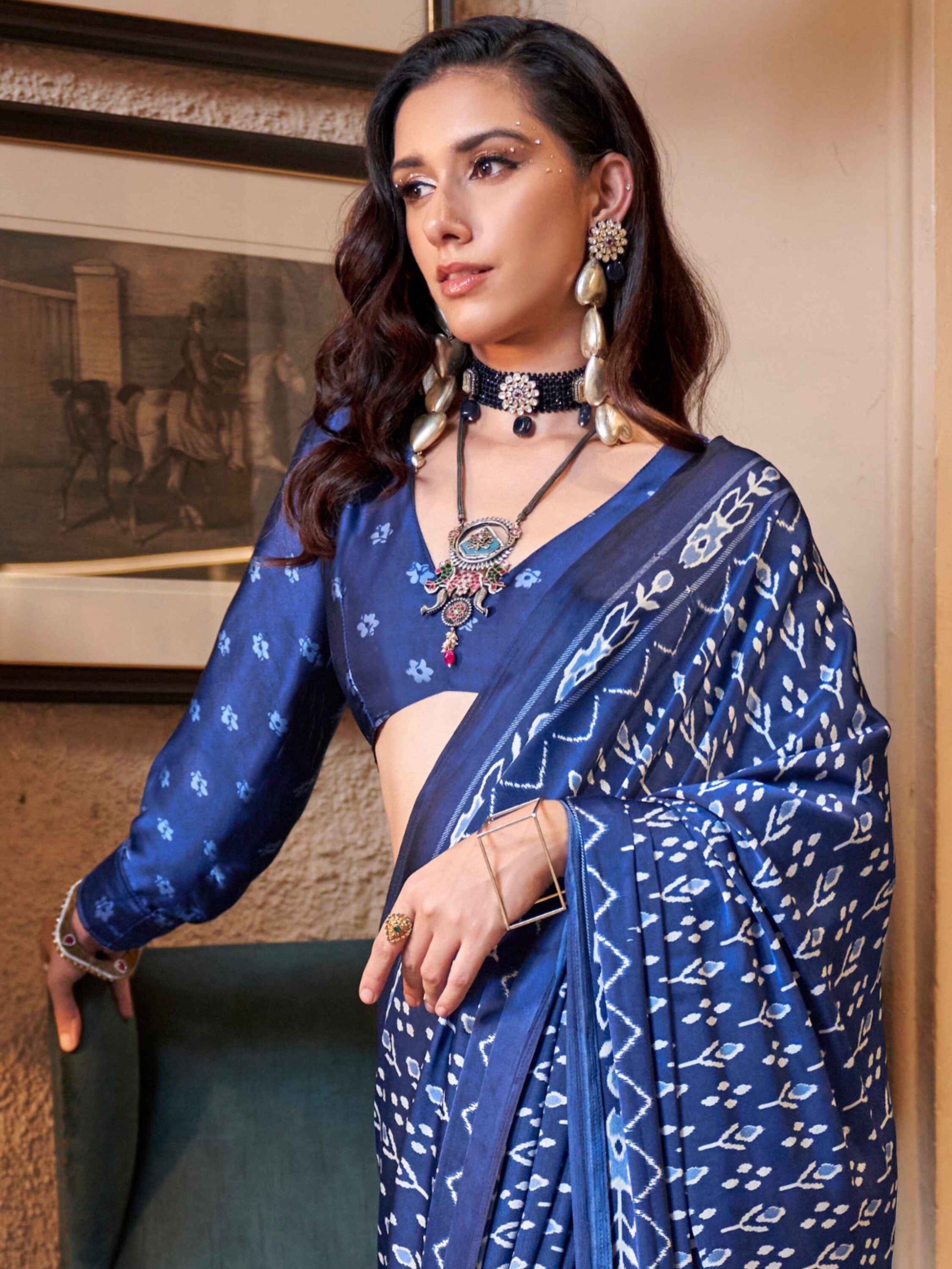 Wonderful Royal Blue Digital Printed Satin Function Wear Saree