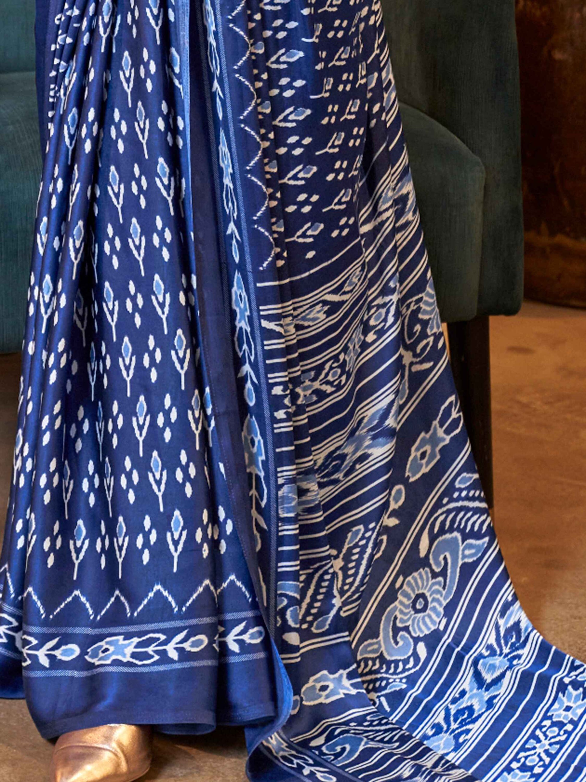 Wonderful Royal Blue Digital Printed Satin Function Wear Saree