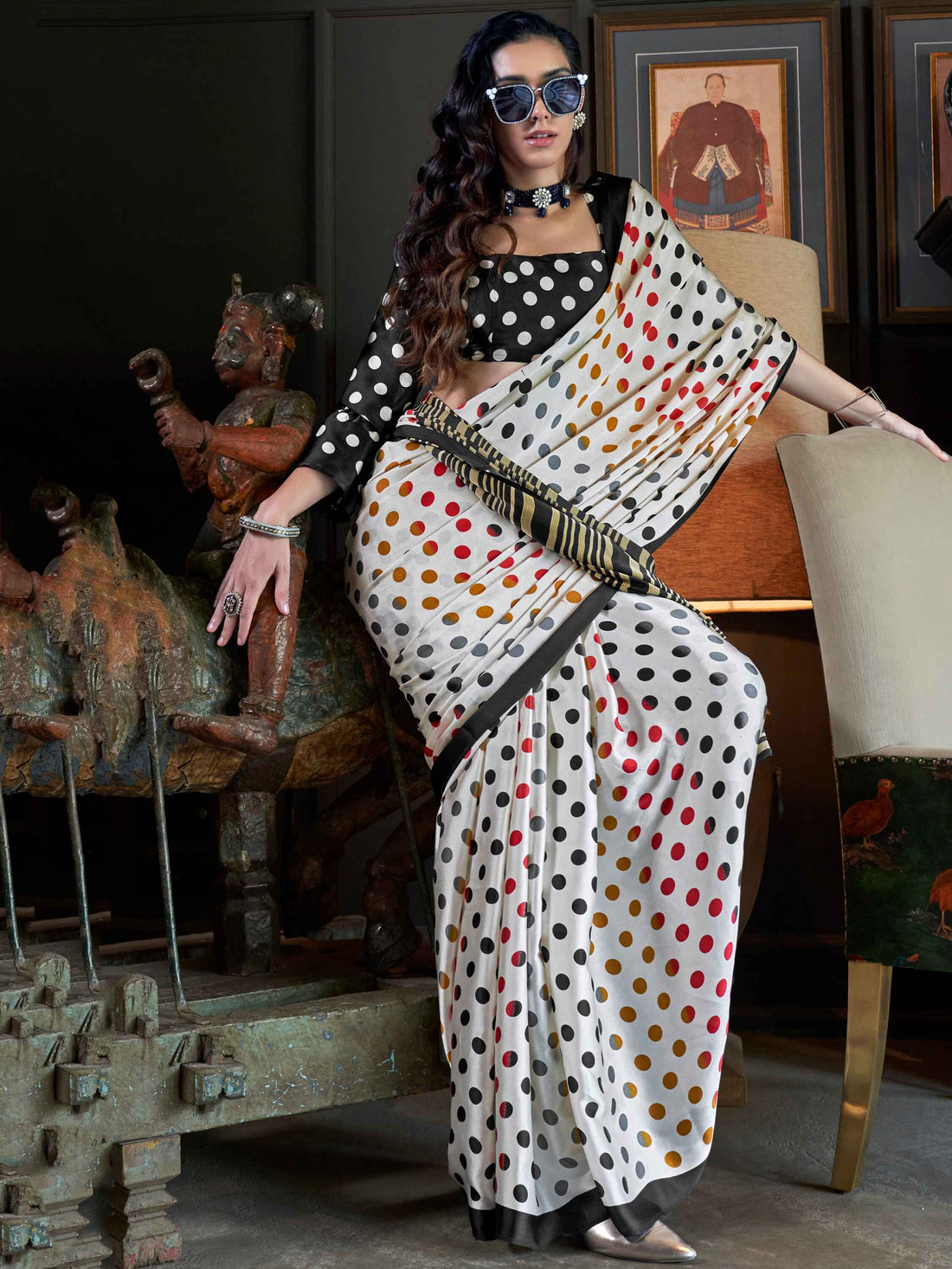 Surprising White Digital Printed Satin Office Wear Saree With Dupatta