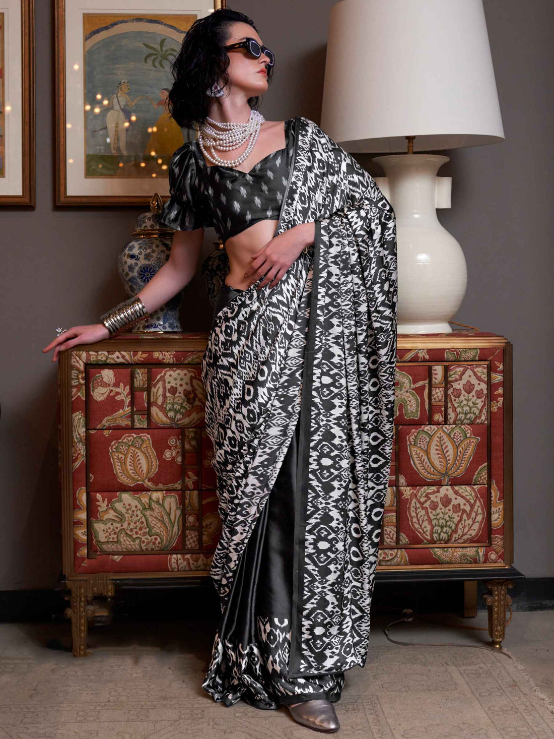 Pretty Black Digital Printed Satin Casual Wear Saree With Blouse