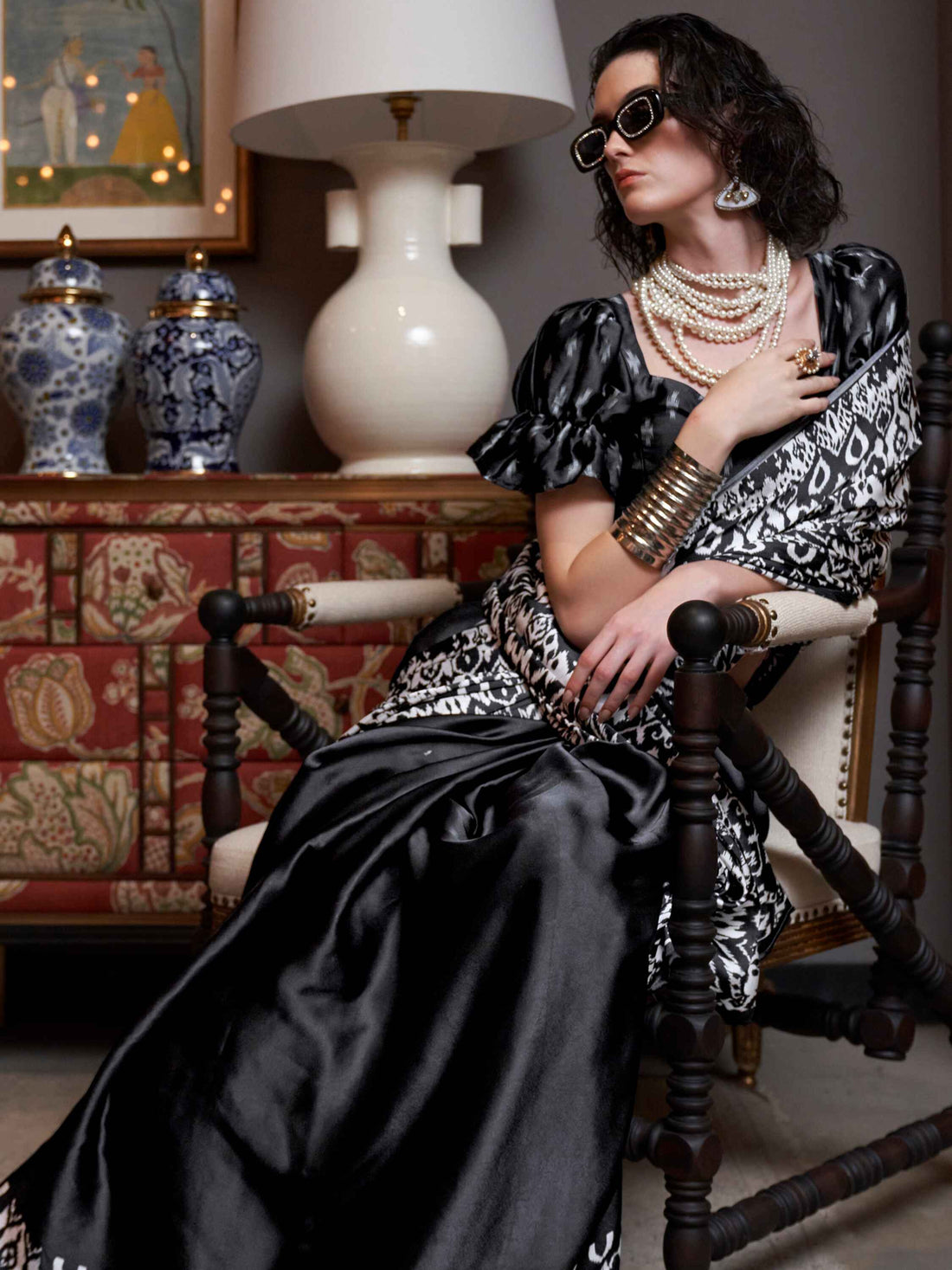 Pretty Black Digital Printed Satin Casual Wear Saree With Blouse