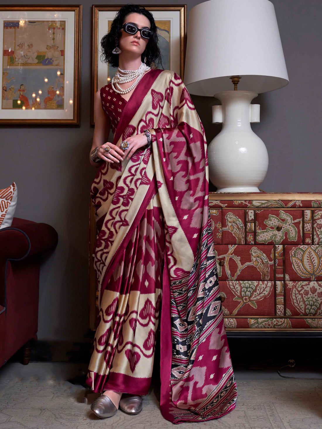Stunning Cream Digital Printed Satin Traditional Saree With Blouse