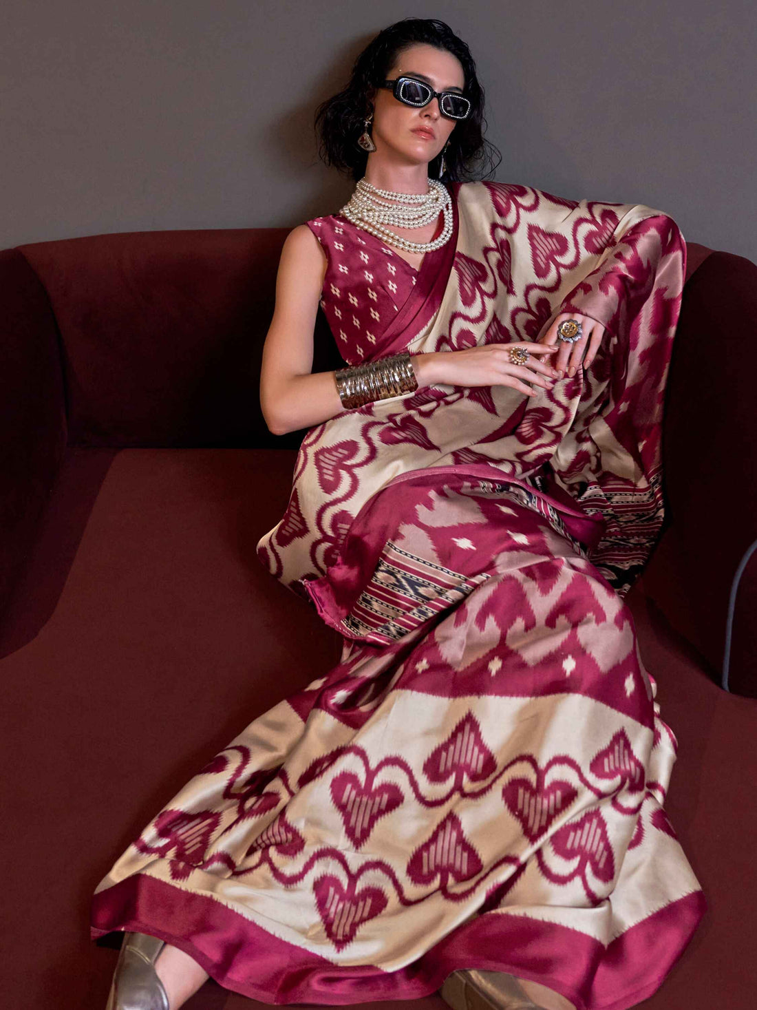 Stunning Cream Digital Printed Satin Traditional Saree With Blouse