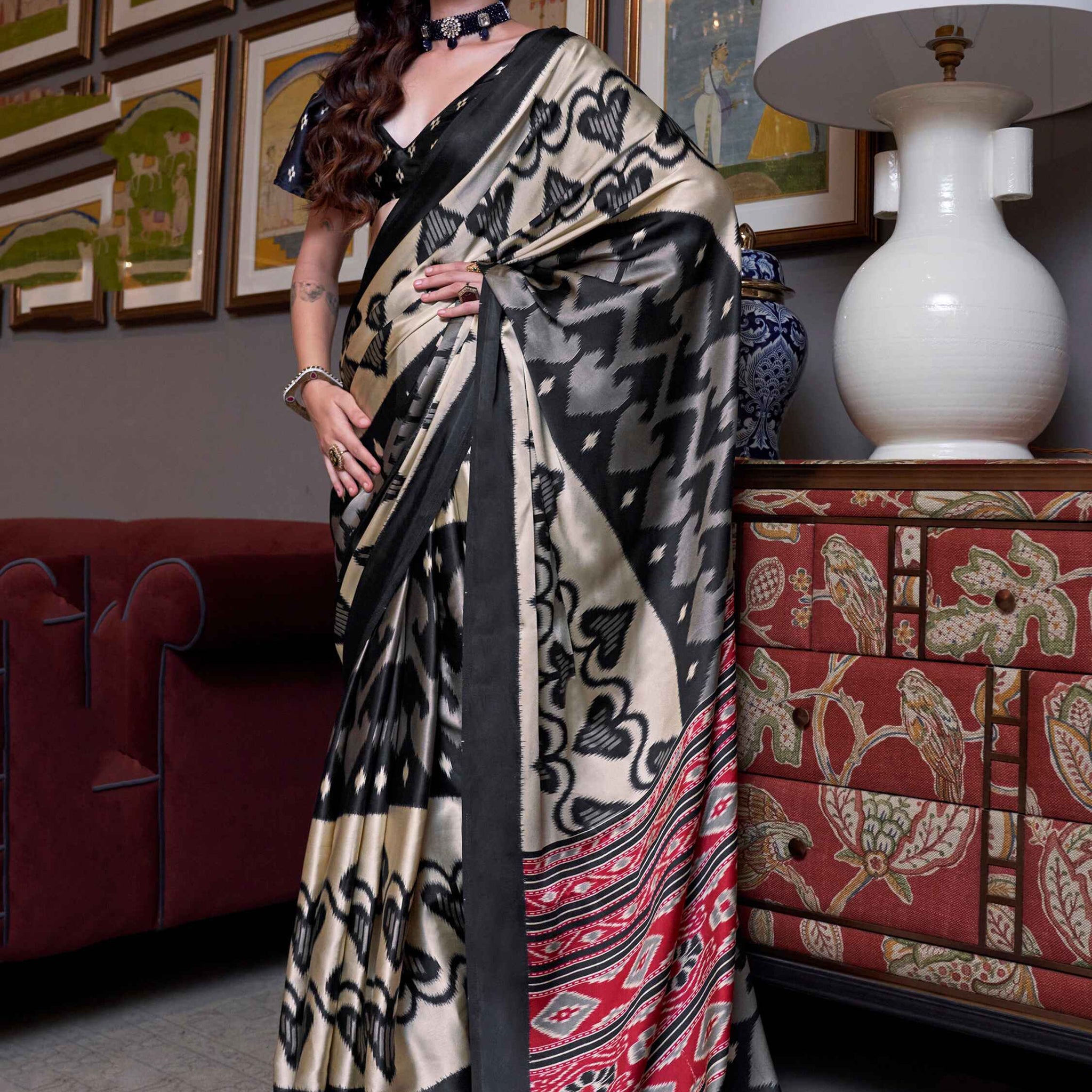 Lovely Cream Digital Printed Satin Casual Wear Saree With Blouse