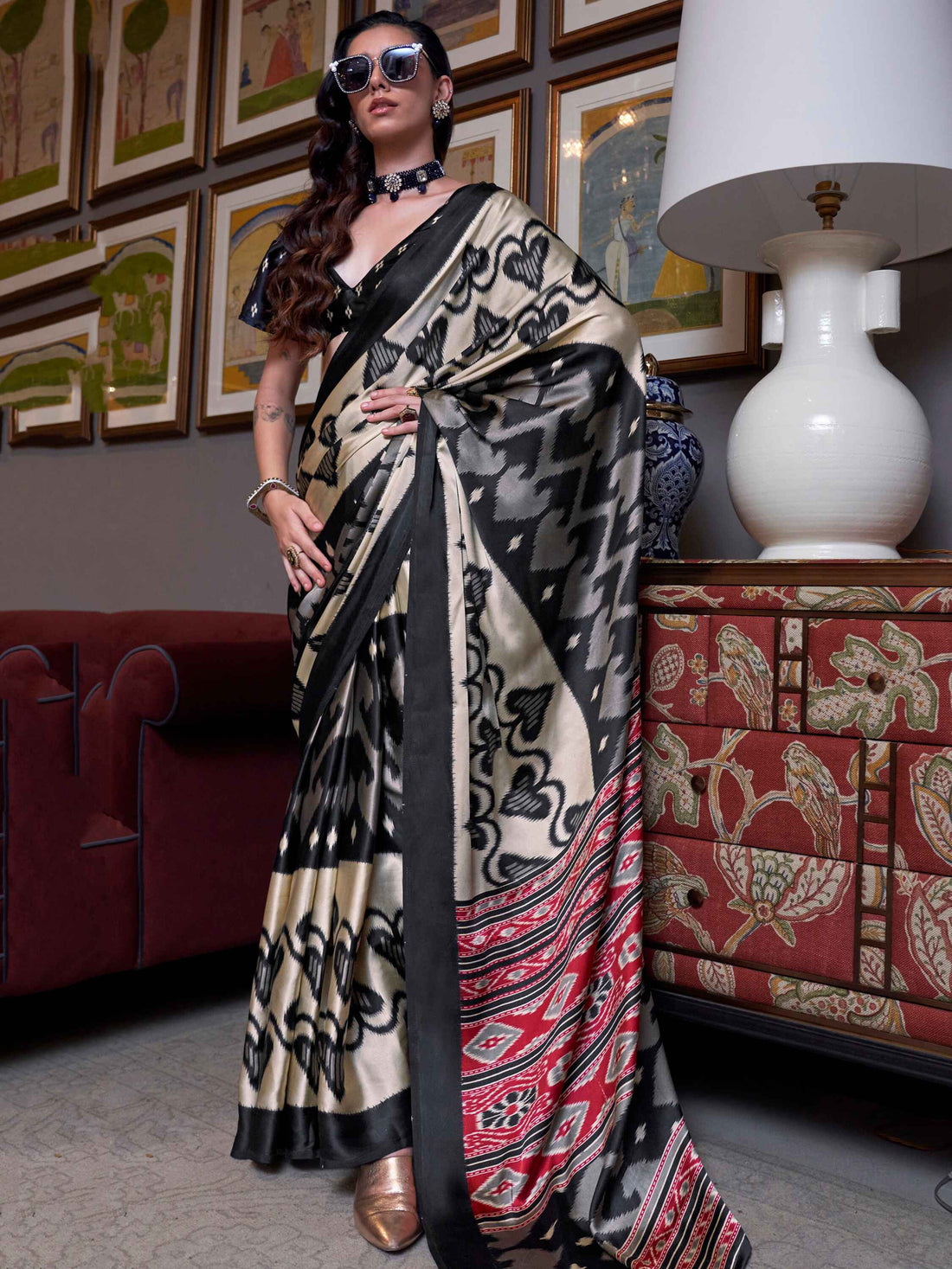 Lovely Cream Digital Printed Satin Casual Wear Saree With Blouse