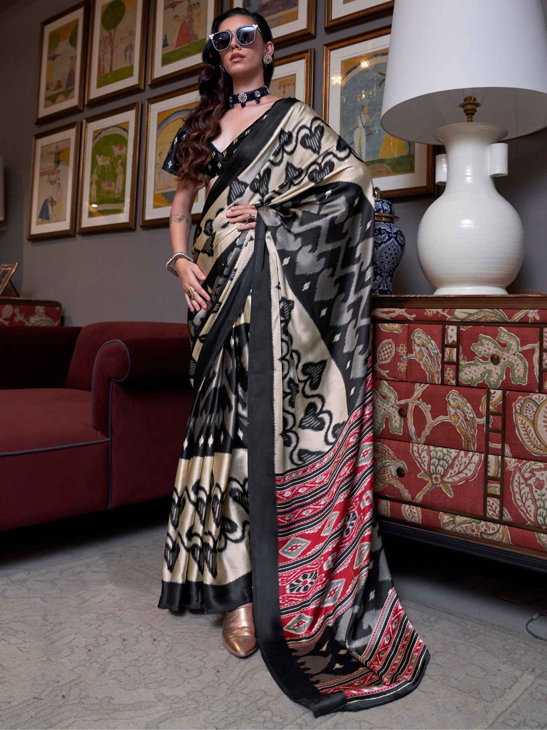 Lovely Cream Digital Printed Satin Casual Wear Saree With Blouse