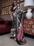 Lovely Cream Digital Printed Satin Casual Wear Saree With Blouse