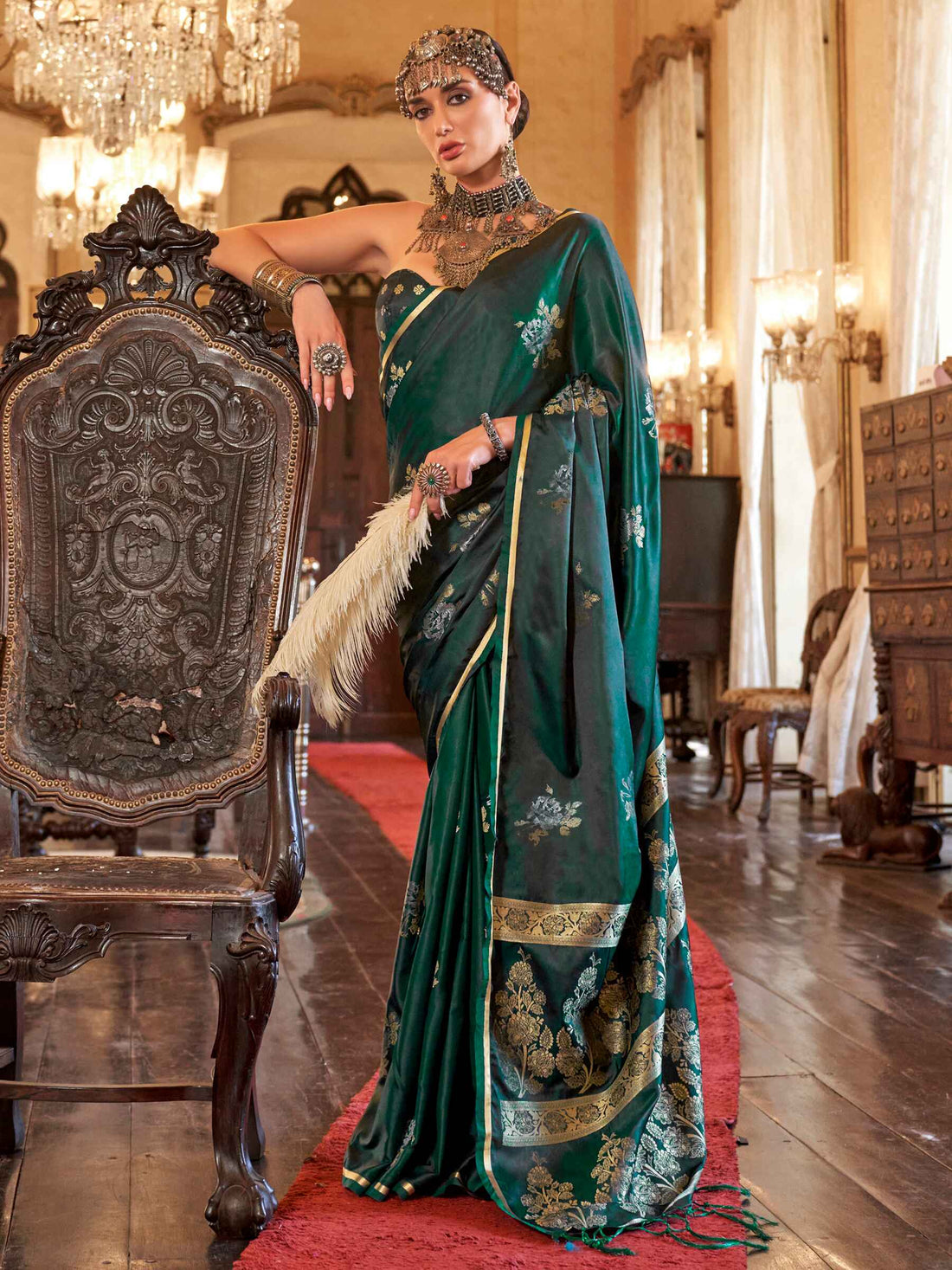 Desirable Dark Green Zari Weaving Satin Event Wear Saree With Blouse