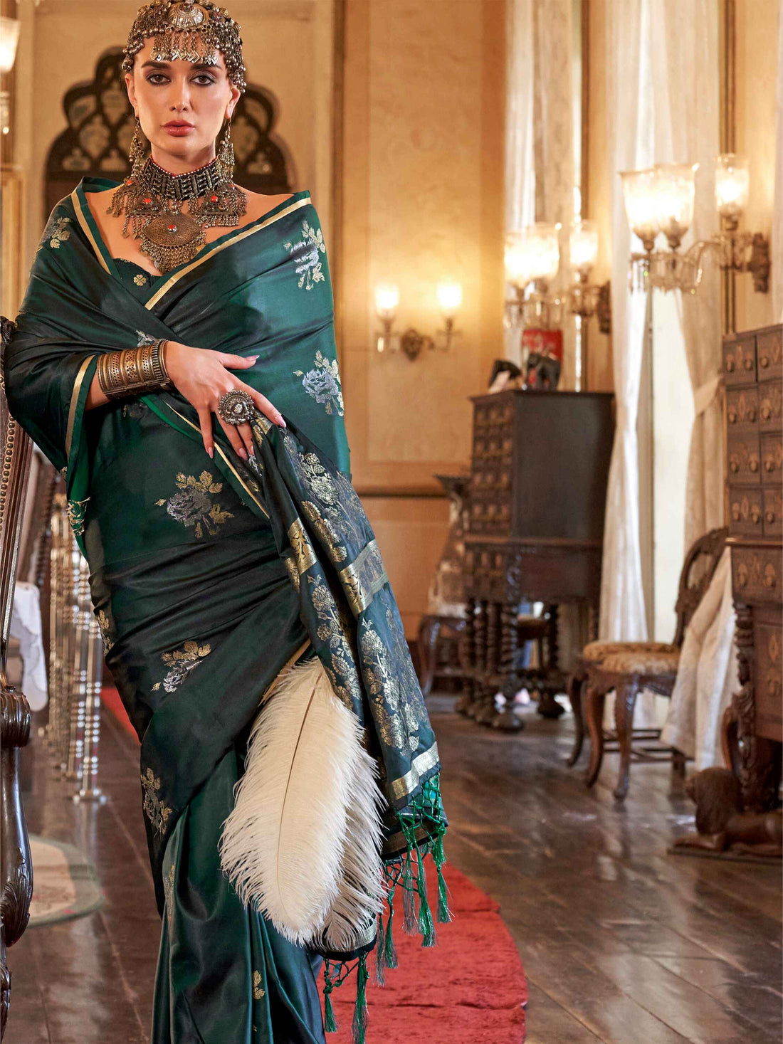 Desirable Dark Green Zari Weaving Satin Event Wear Saree With Blouse