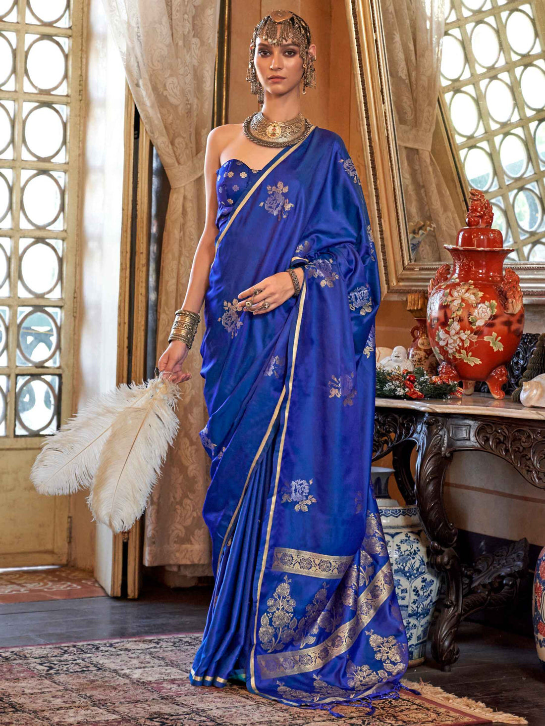Magnetic Blue Zari Weaving Satin Festival Wear Saree With Blouse