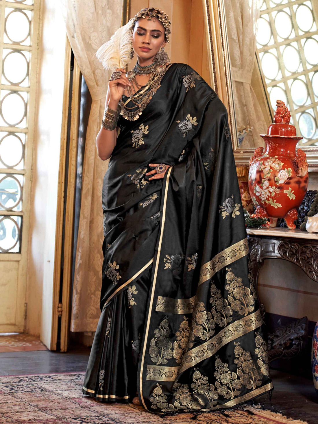 Glamorous Black Zari Weaving Satin Traditional Saree With Blouse