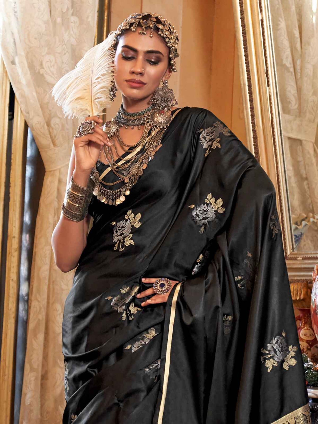 Glamorous Black Zari Weaving Satin Traditional Saree With Blouse