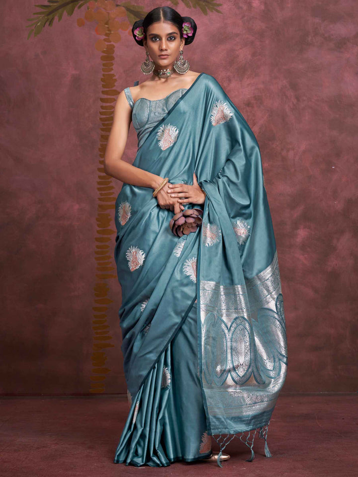 Glamorous Teal Blue Zari Weaving Silk Function Wear Saree With Blouse