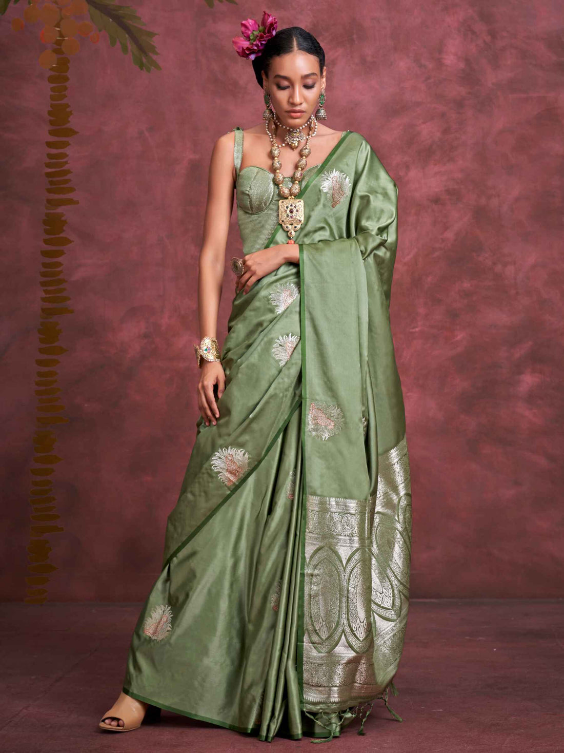 Enchanting Olive Green Zari Weaving Silk Banarasi Saree With Blouse
