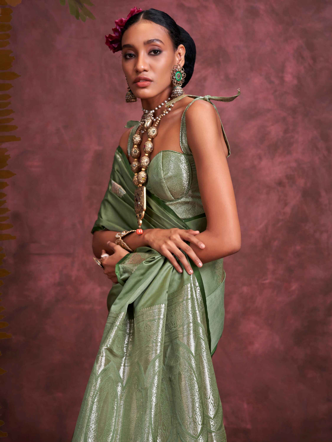 Enchanting Olive Green Zari Weaving Silk Banarasi Saree With Blouse