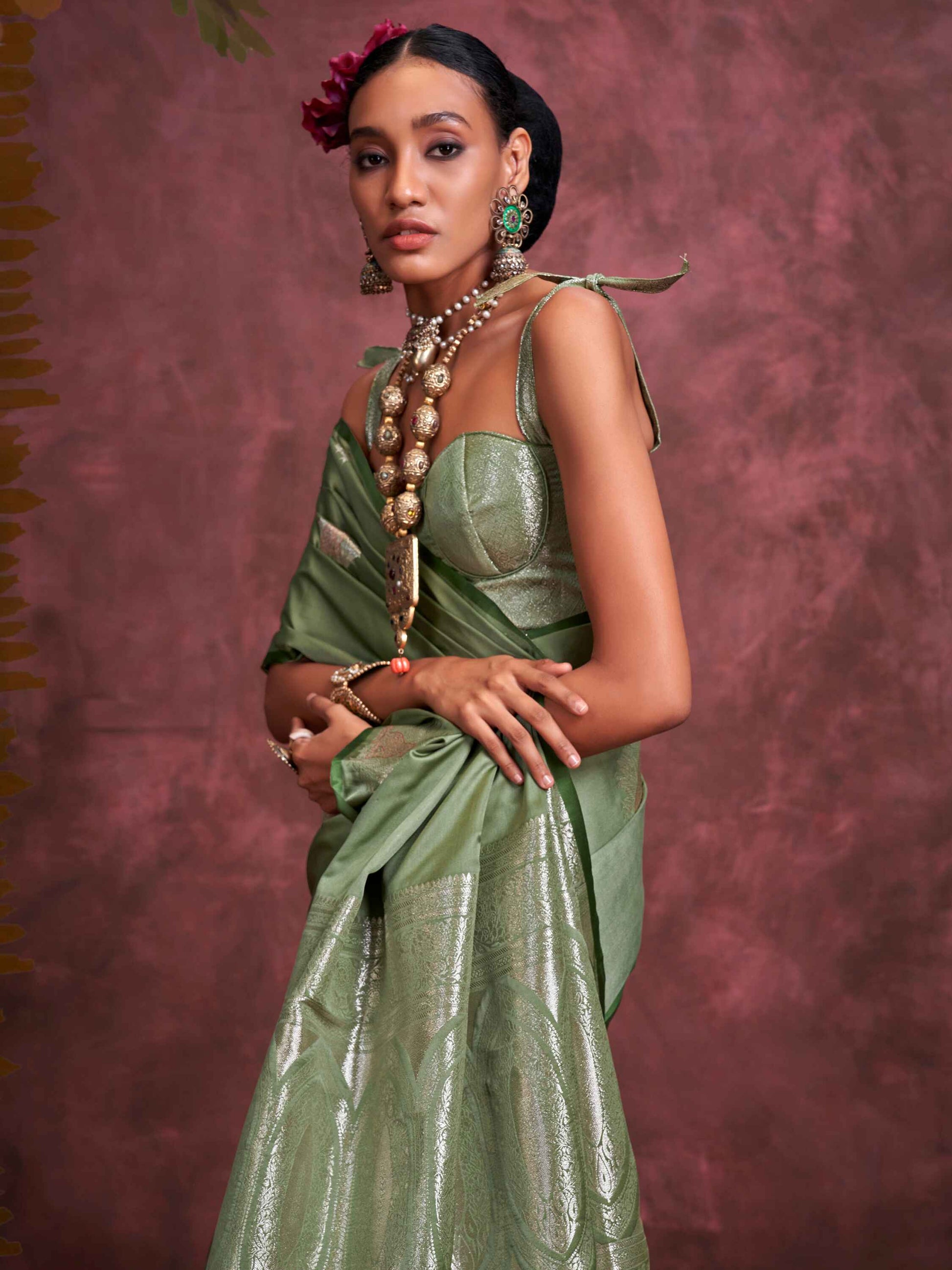 Enchanting Olive Green Zari Weaving Silk Banarasi Saree With Blouse