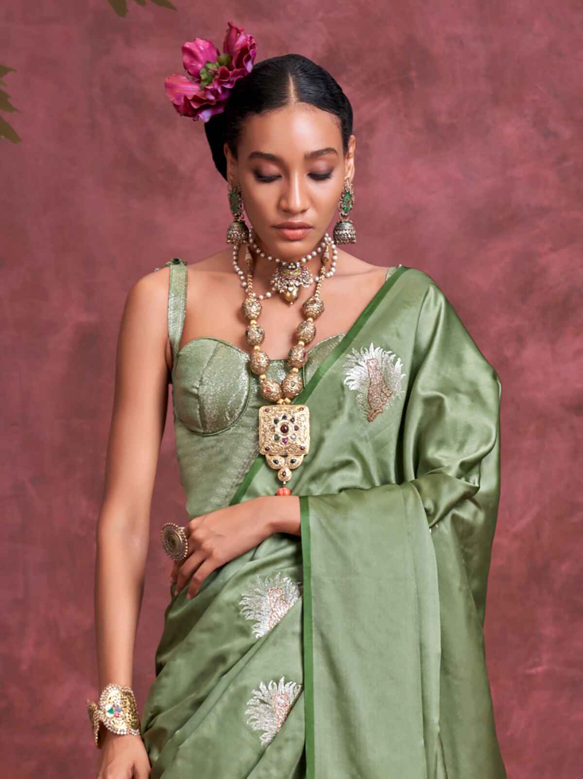 Enchanting Olive Green Zari Weaving Silk Banarasi Saree With Blouse