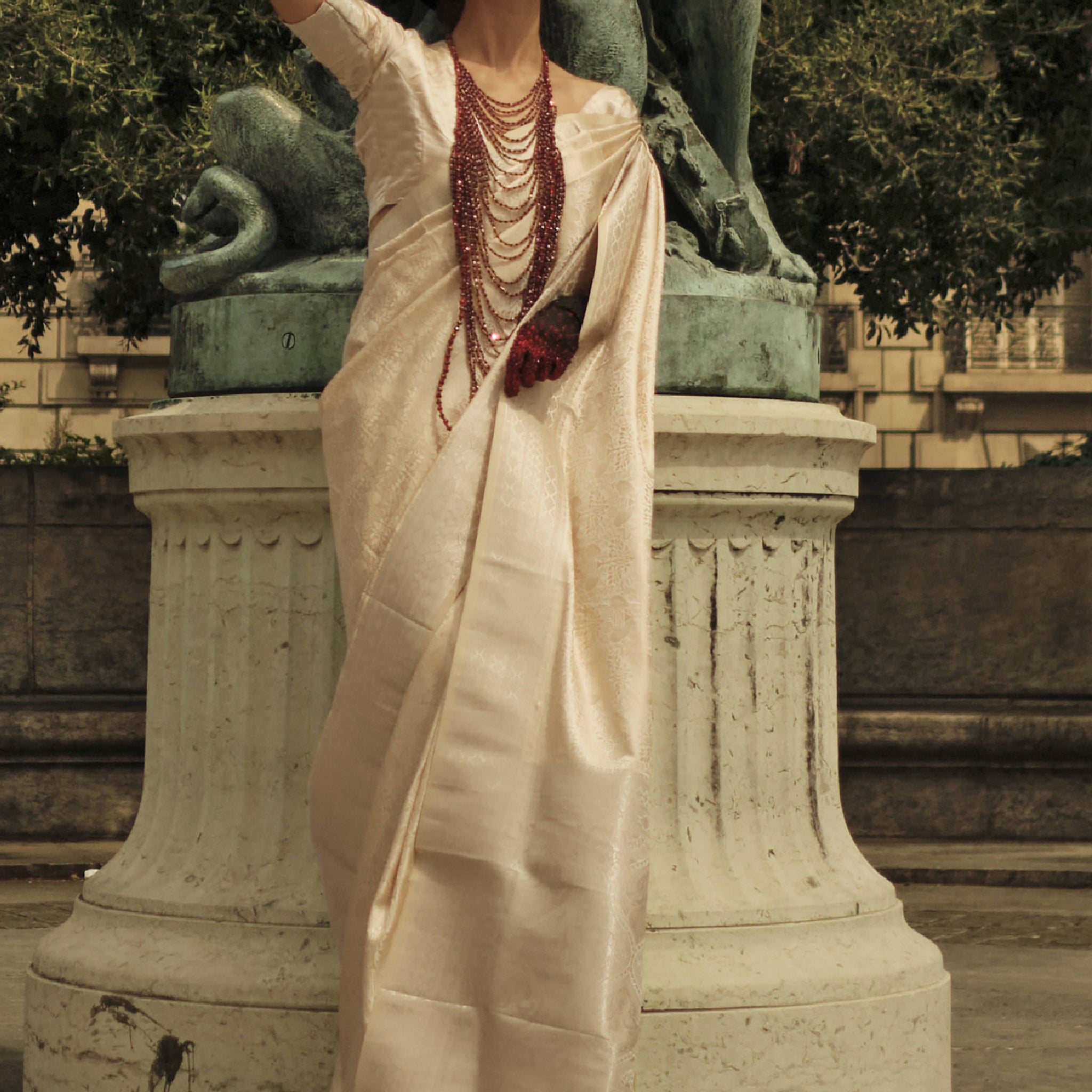 Captivating Beige Zari Woven Satin Festive Wear Saree With Blouse
