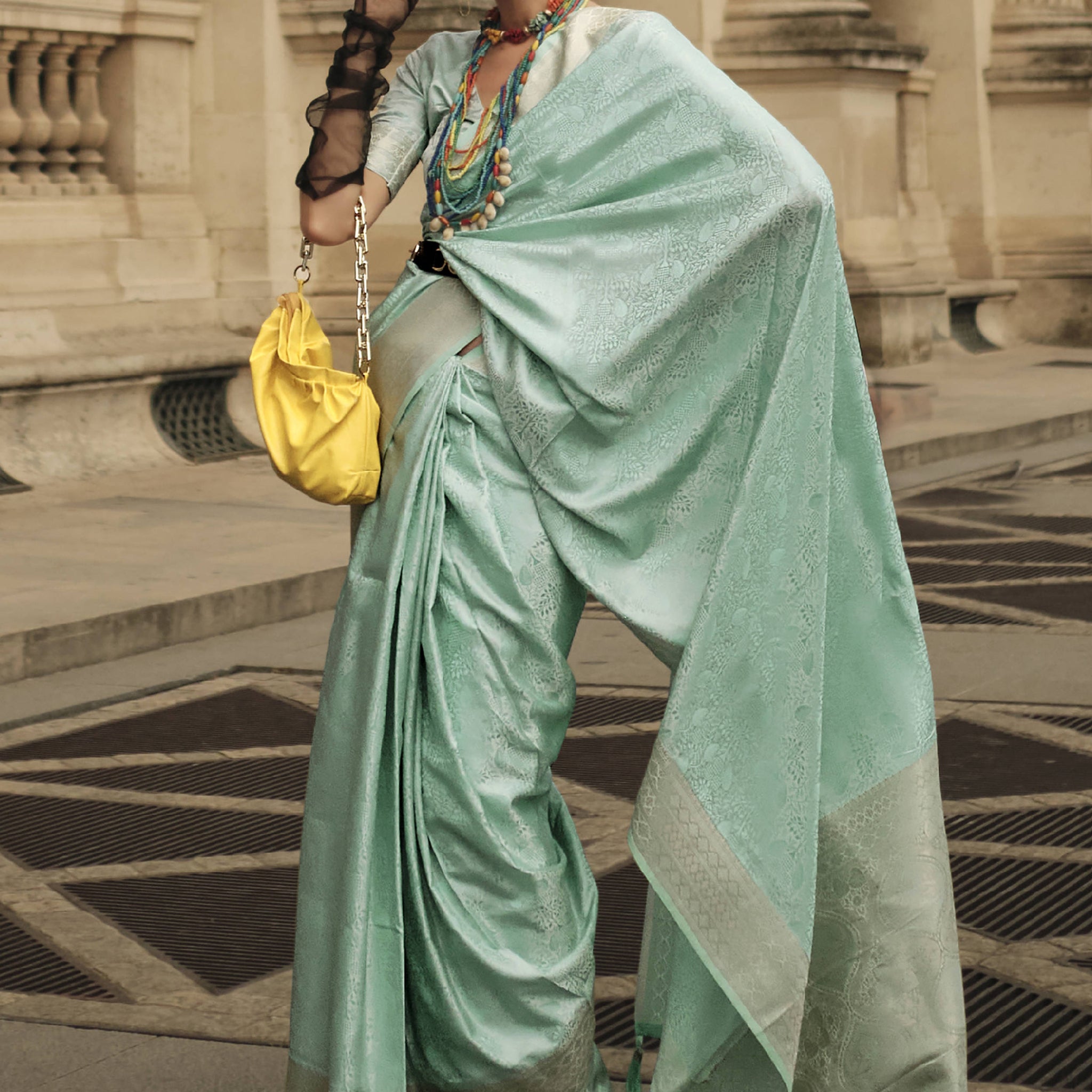 Bewitching Sea Green Zari Woven Satin Party Wear Saree With Blouse
