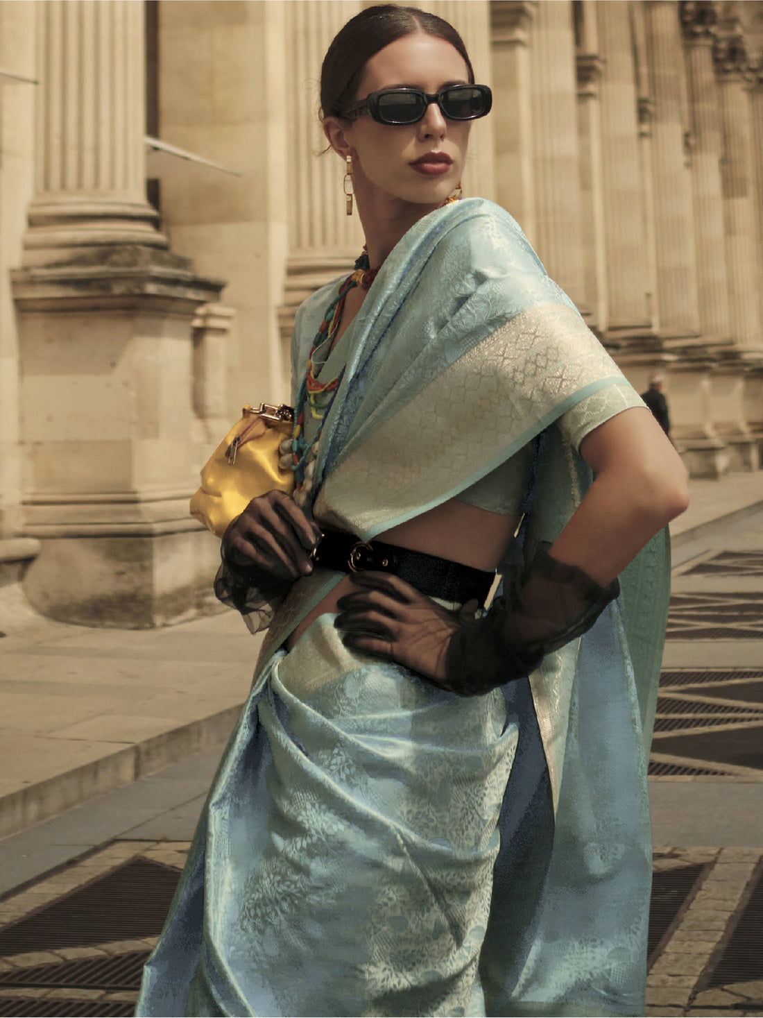 Attractive Light Blue Zari Woven Satin Festive Wear Saree With Blouse