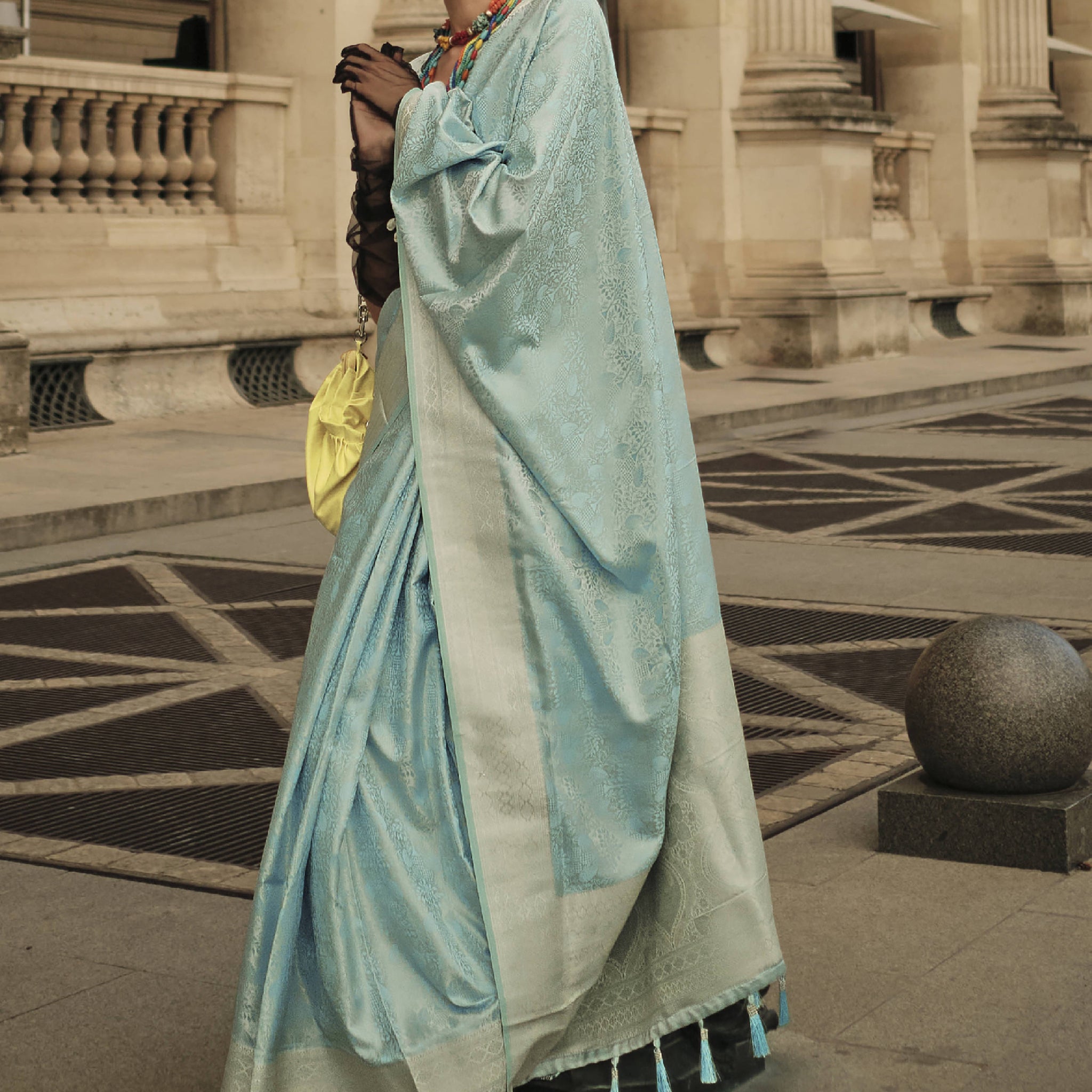 Attractive Light Blue Zari Woven Satin Festive Wear Saree With Blouse