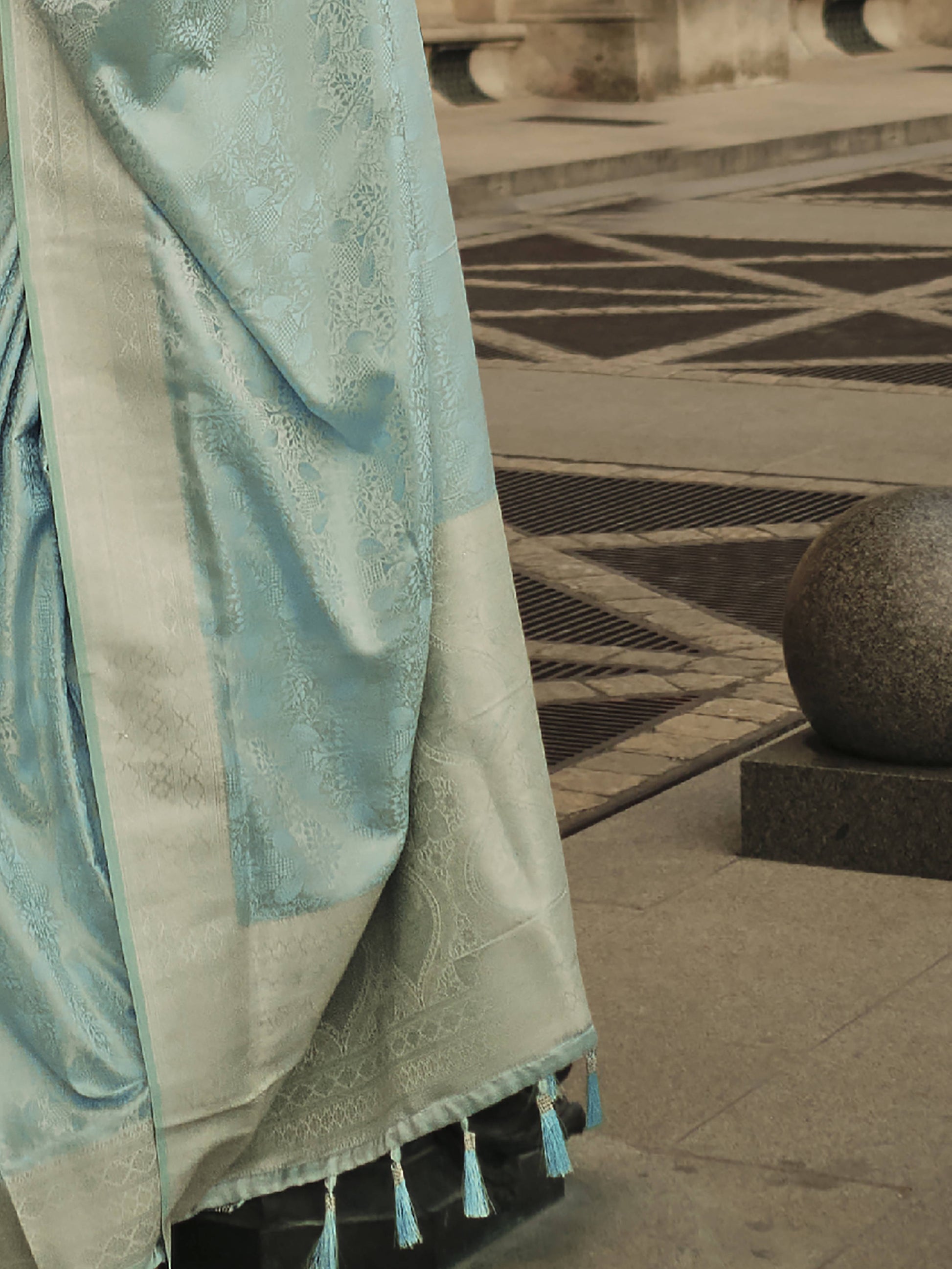 Attractive Light Blue Zari Woven Satin Festive Wear Saree With Blouse