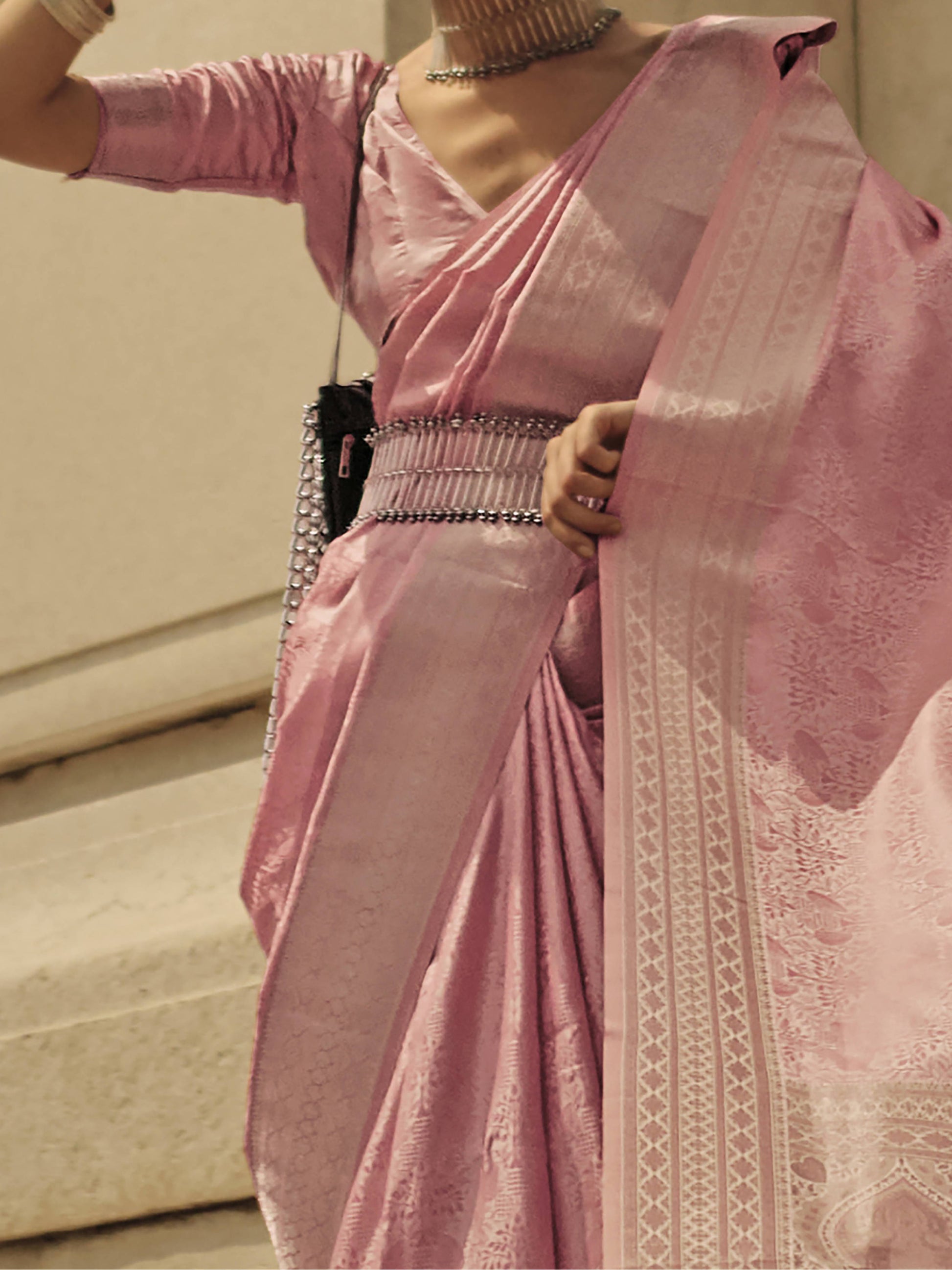 Enticing Light Coral satin Festive Wear Saree With Blouse