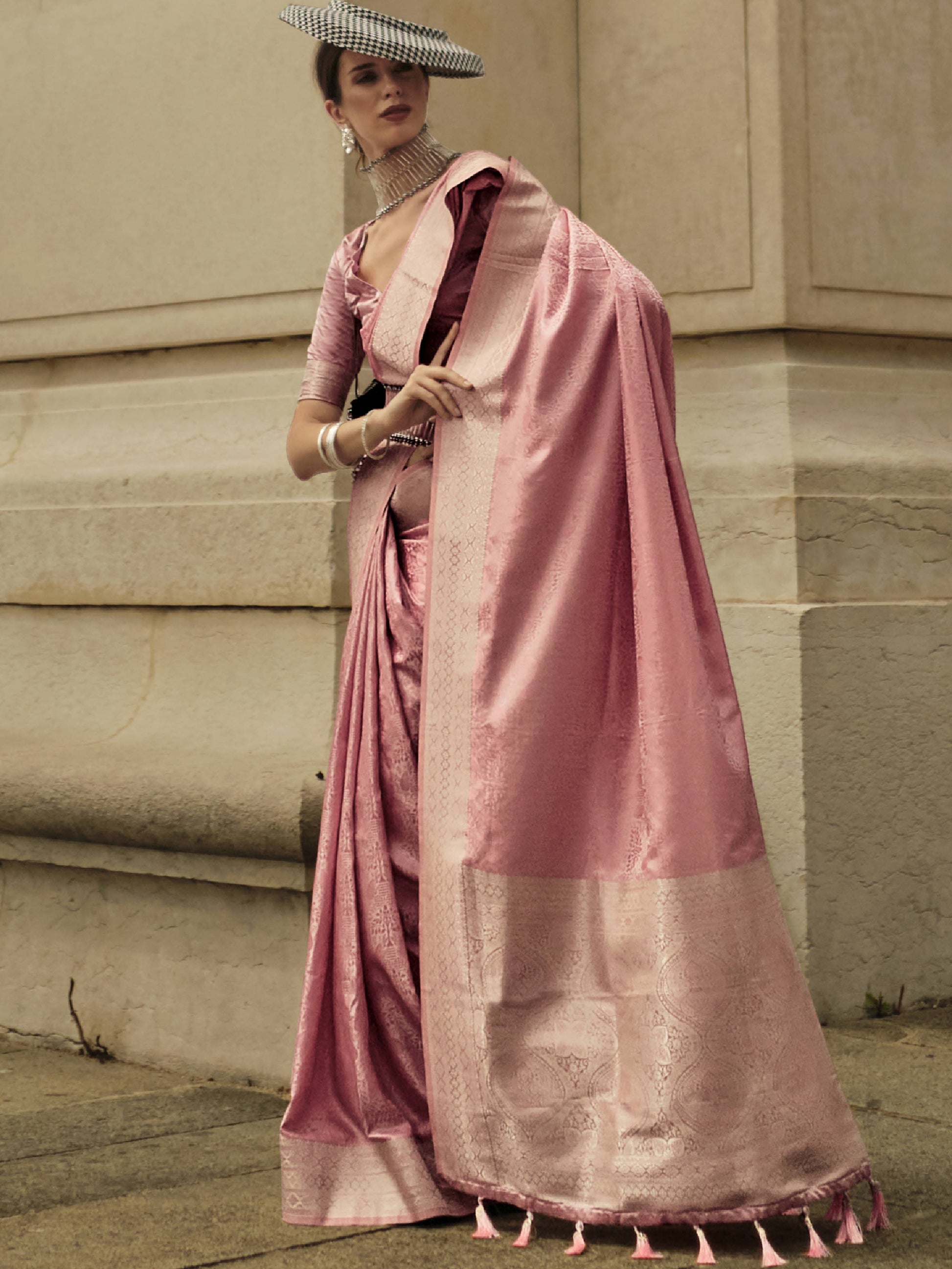 Enticing Light Coral satin Festive Wear Saree With Blouse