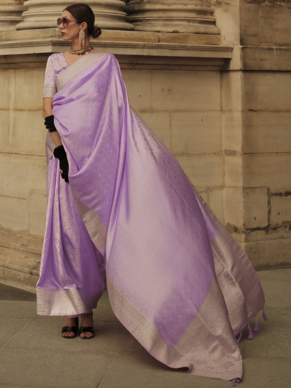 Enchanting Lavender Zari Woven Satin Festive Wear Saree With Blouse