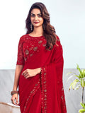Wonderful Red Sequins Chiffon Wedding Wear Saree With Blouse