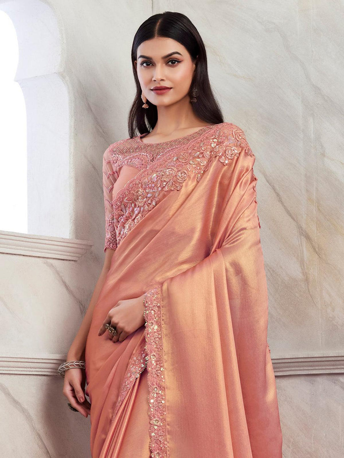 Spectacular Peach Embroidered Shimmer Silk Engagement Wear Saree