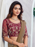 Attractive Brown Embroidered Silk Party Wear Saree With Blouse
