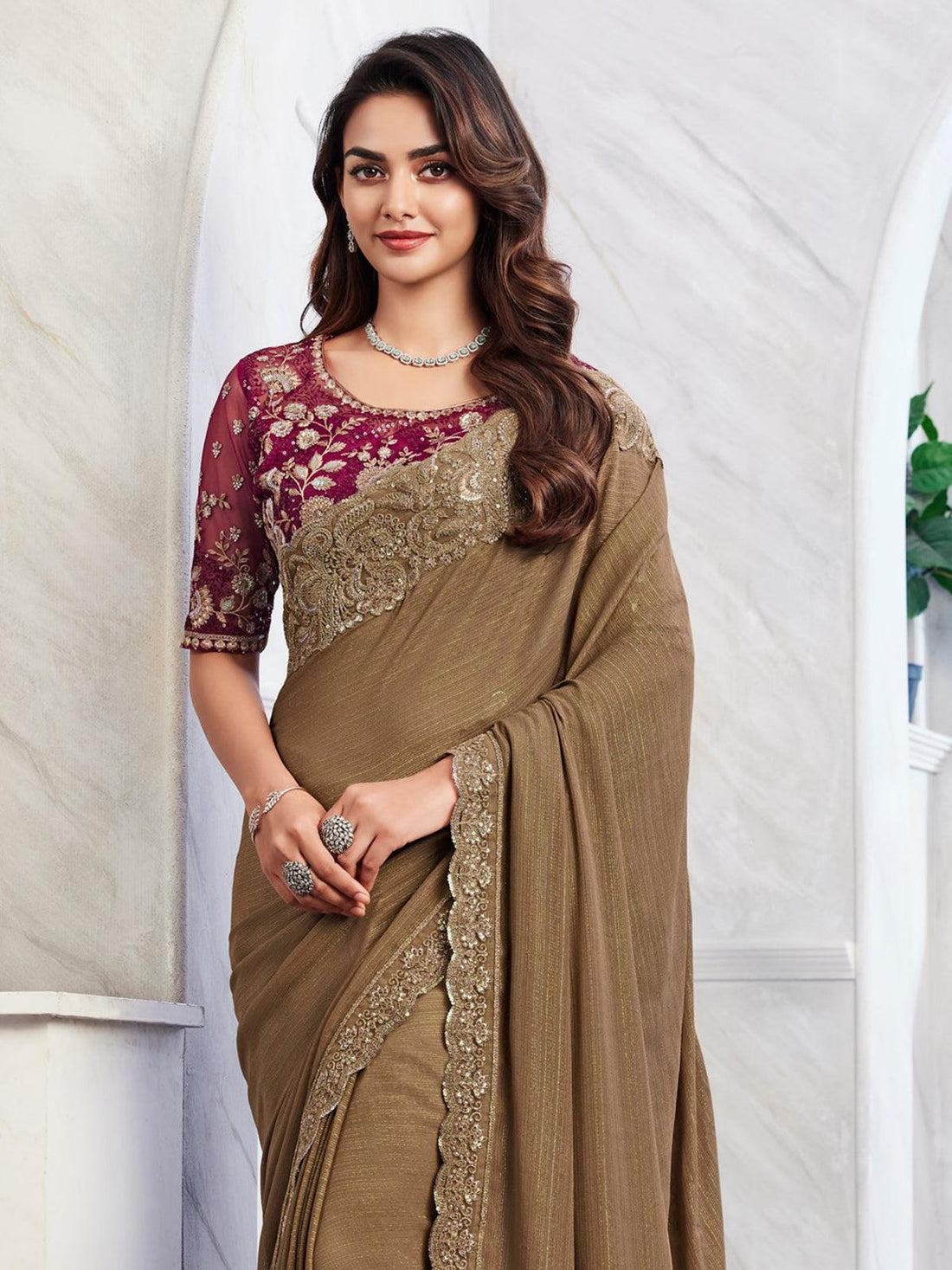 Attractive Brown Embroidered Silk Party Wear Saree With Blouse