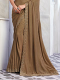 Attractive Brown Embroidered Silk Party Wear Saree With Blouse