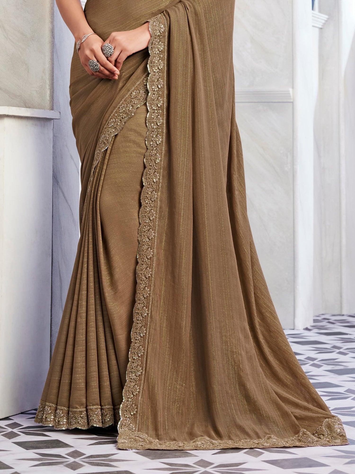Attractive Brown Embroidered Silk Party Wear Saree With Blouse