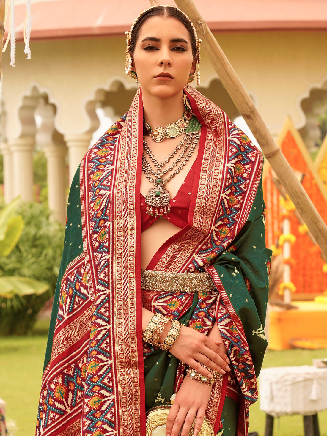 Dazzling Green Patola Printed Silk Engagement Wear Saree With Blouse