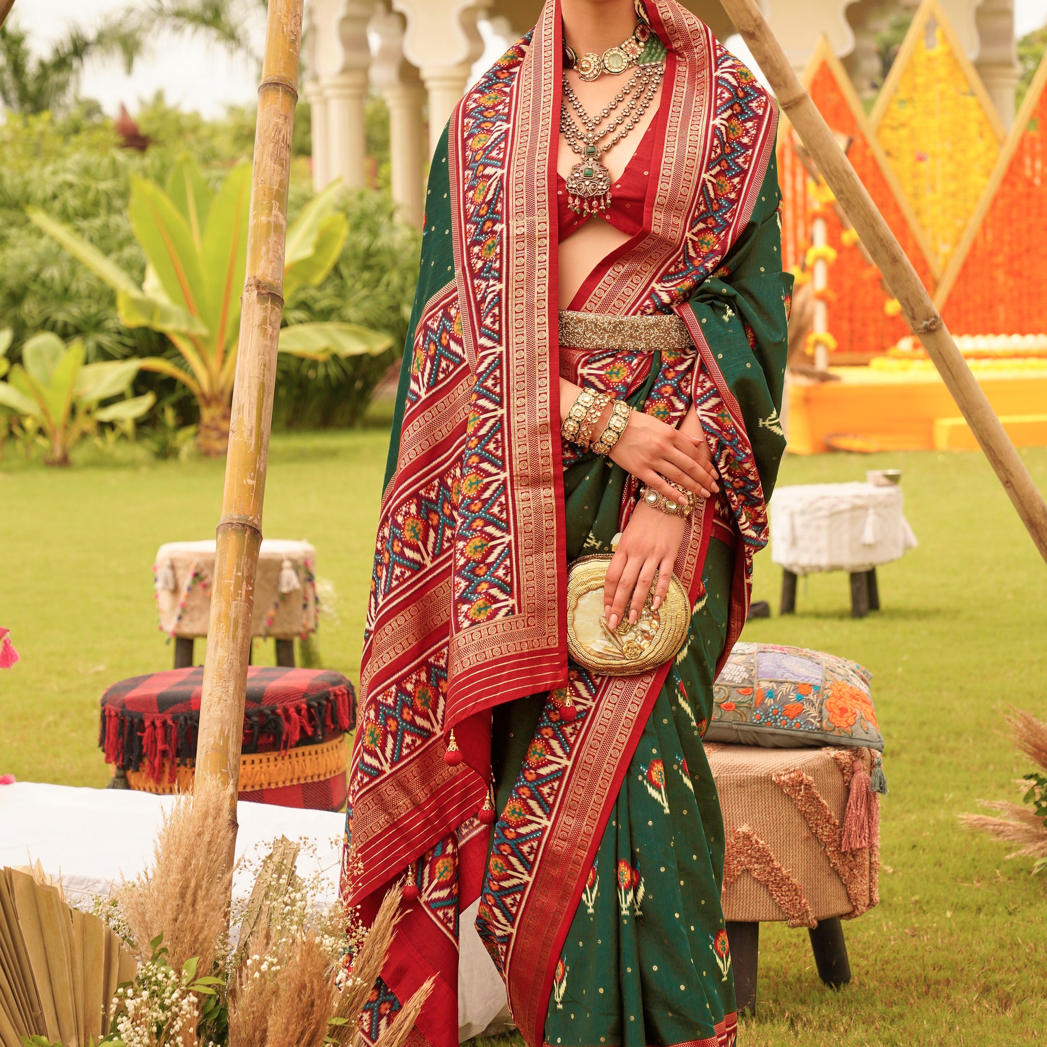 Dazzling Green Patola Printed Silk Engagement Wear Saree With Blouse