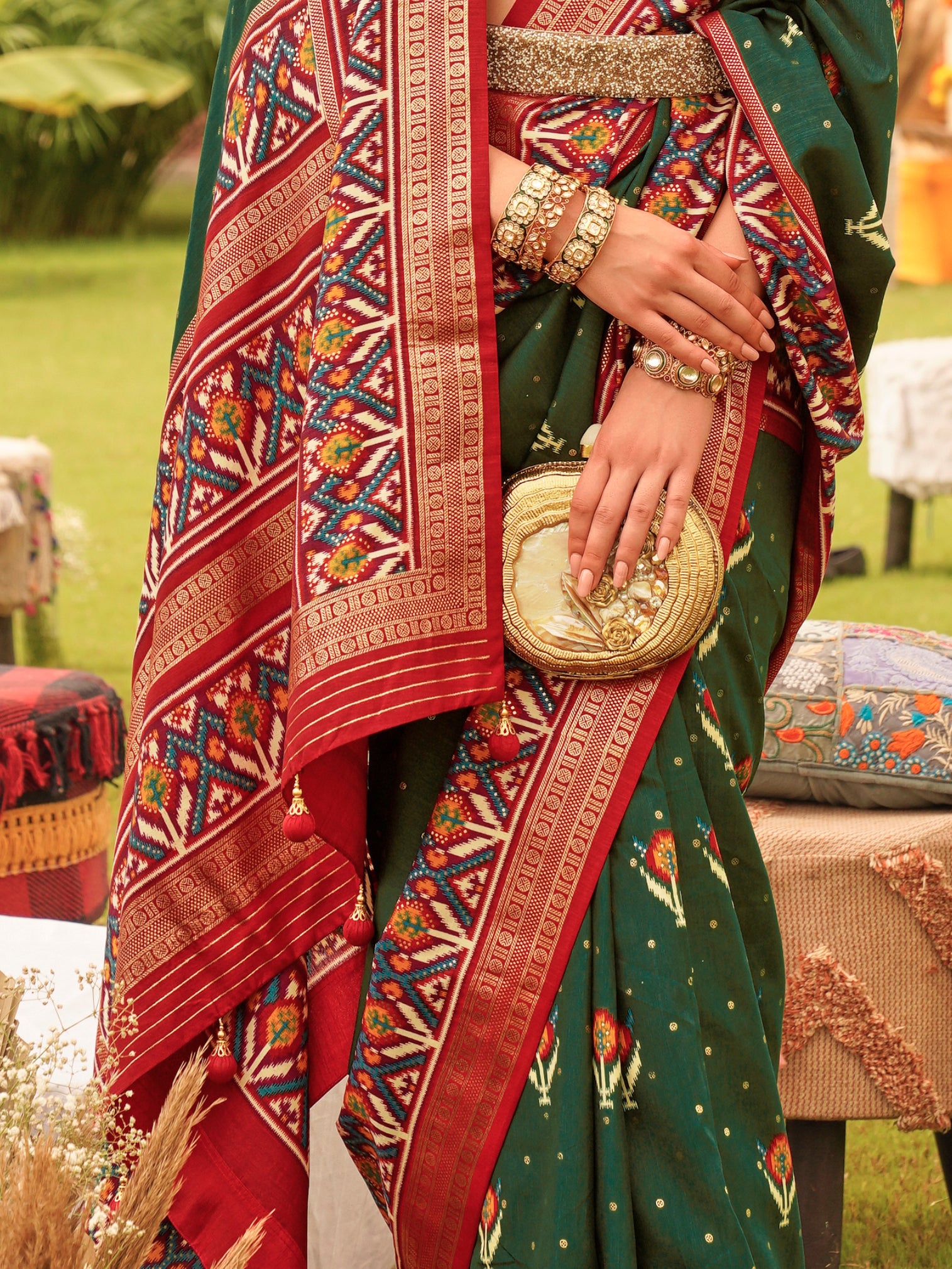 Dazzling Green Patola Printed Silk Engagement Wear Saree With Blouse