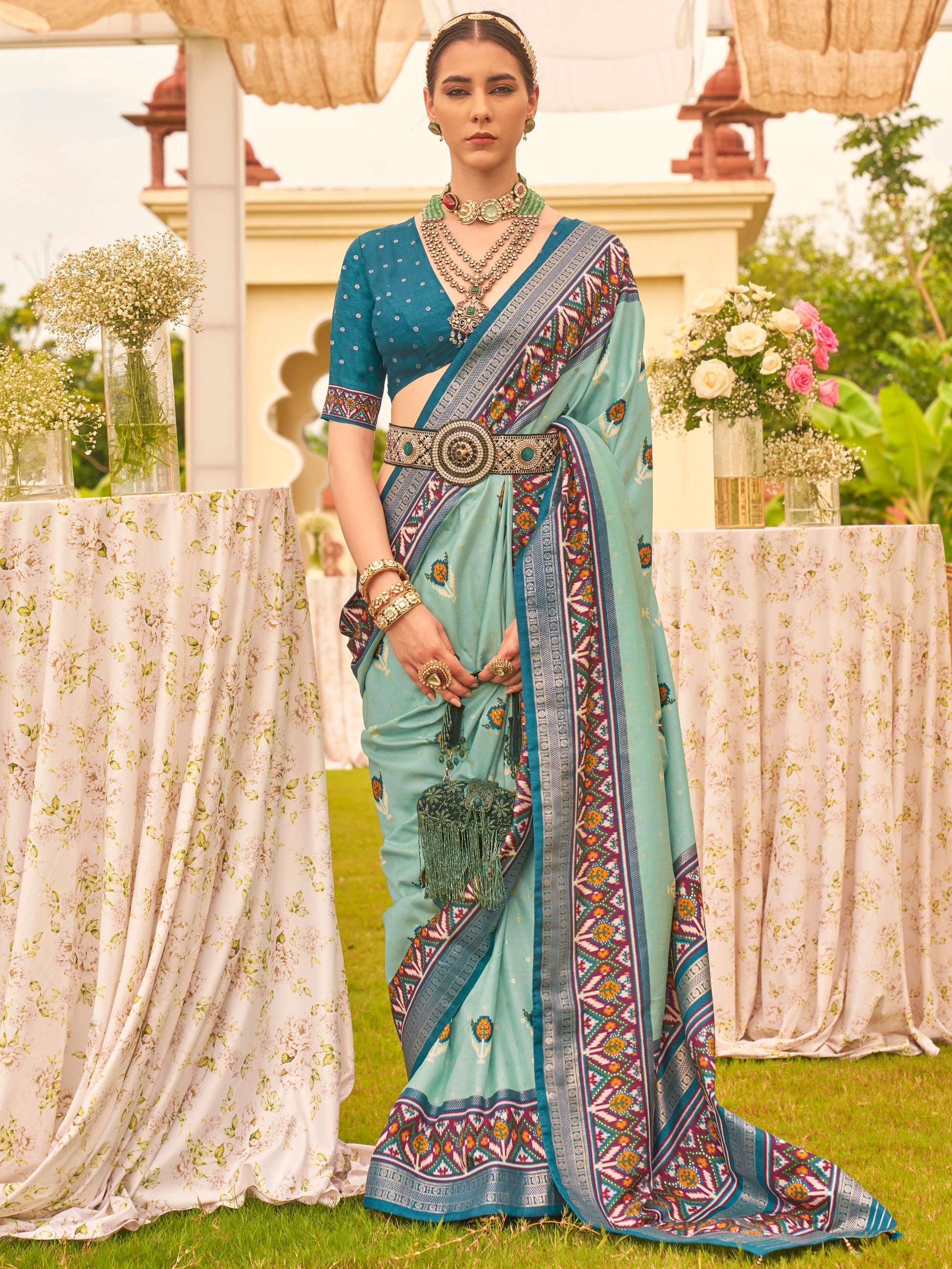 Enchanting Sea Green Patola Printed Silk Reception Wear Saree