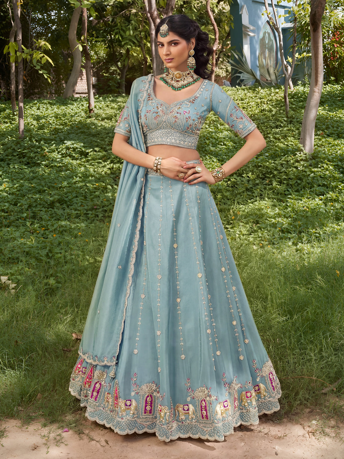 Attractive Sky Blue Stone Work Silk Engagement Wear Lehenga Choli 