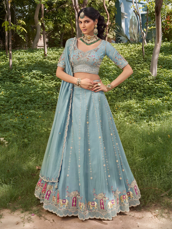 Attractive Sky Blue Stone Work Silk Engagement Wear Lehenga Choli 