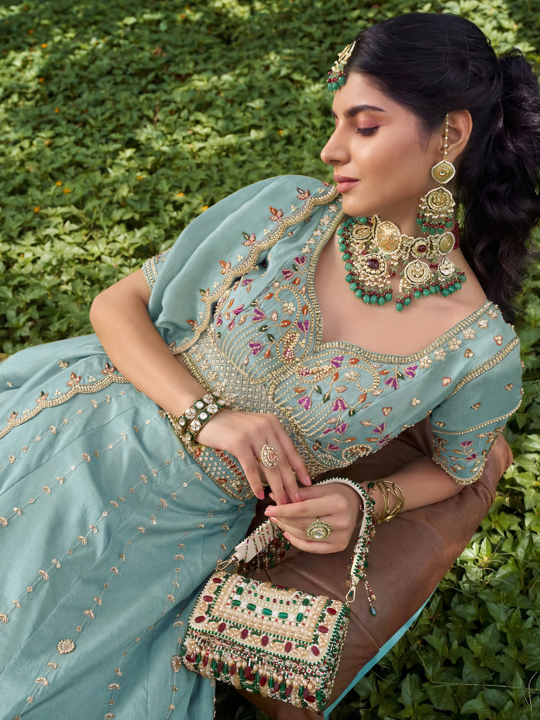 Attractive Sky Blue Stone Work Silk Engagement Wear Lehenga Choli 