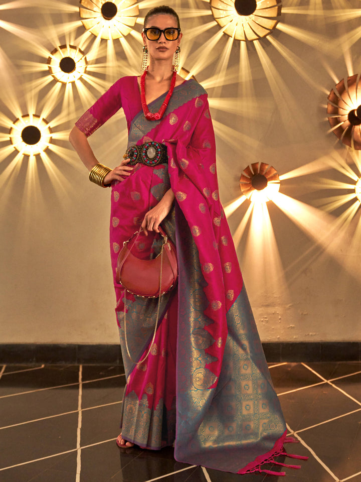 Bewitching Rani Pink Woven Silk Festival Wear Saree With Blouse