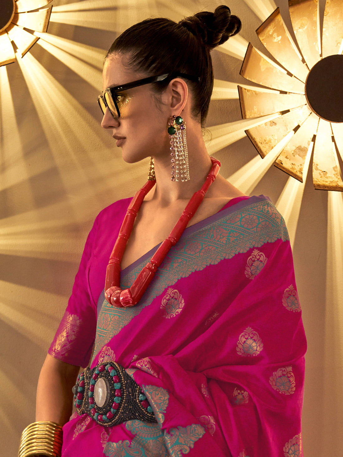 Bewitching Rani Pink Woven Silk Festival Wear Saree With Blouse