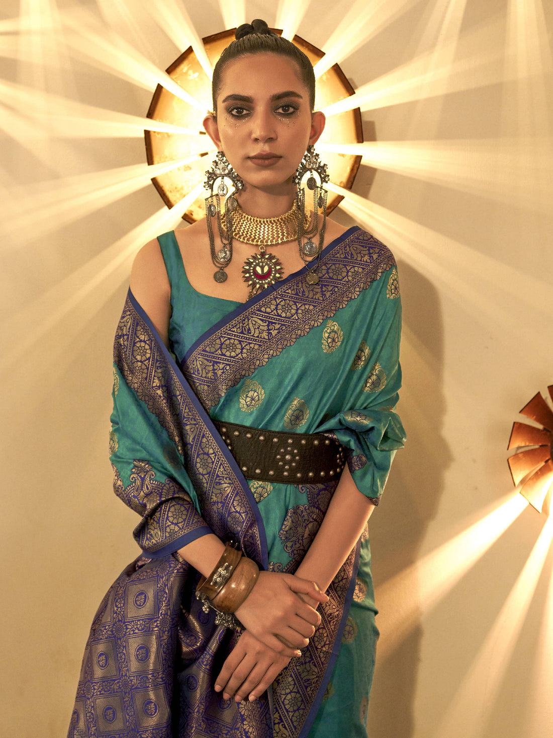 Tantalizing Teal Green Woven Silk Reception Wear Saree With Blouse