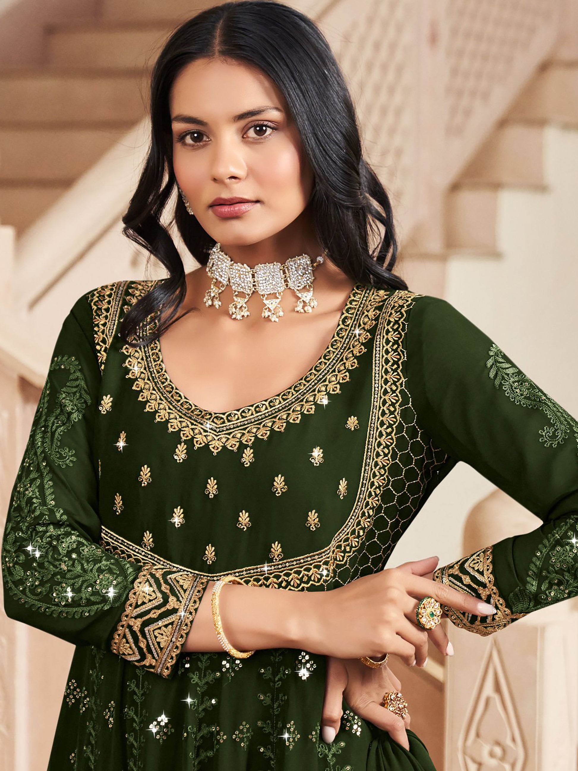 Gorgeous Green Embroidered Georgette Wedding Wear Gown