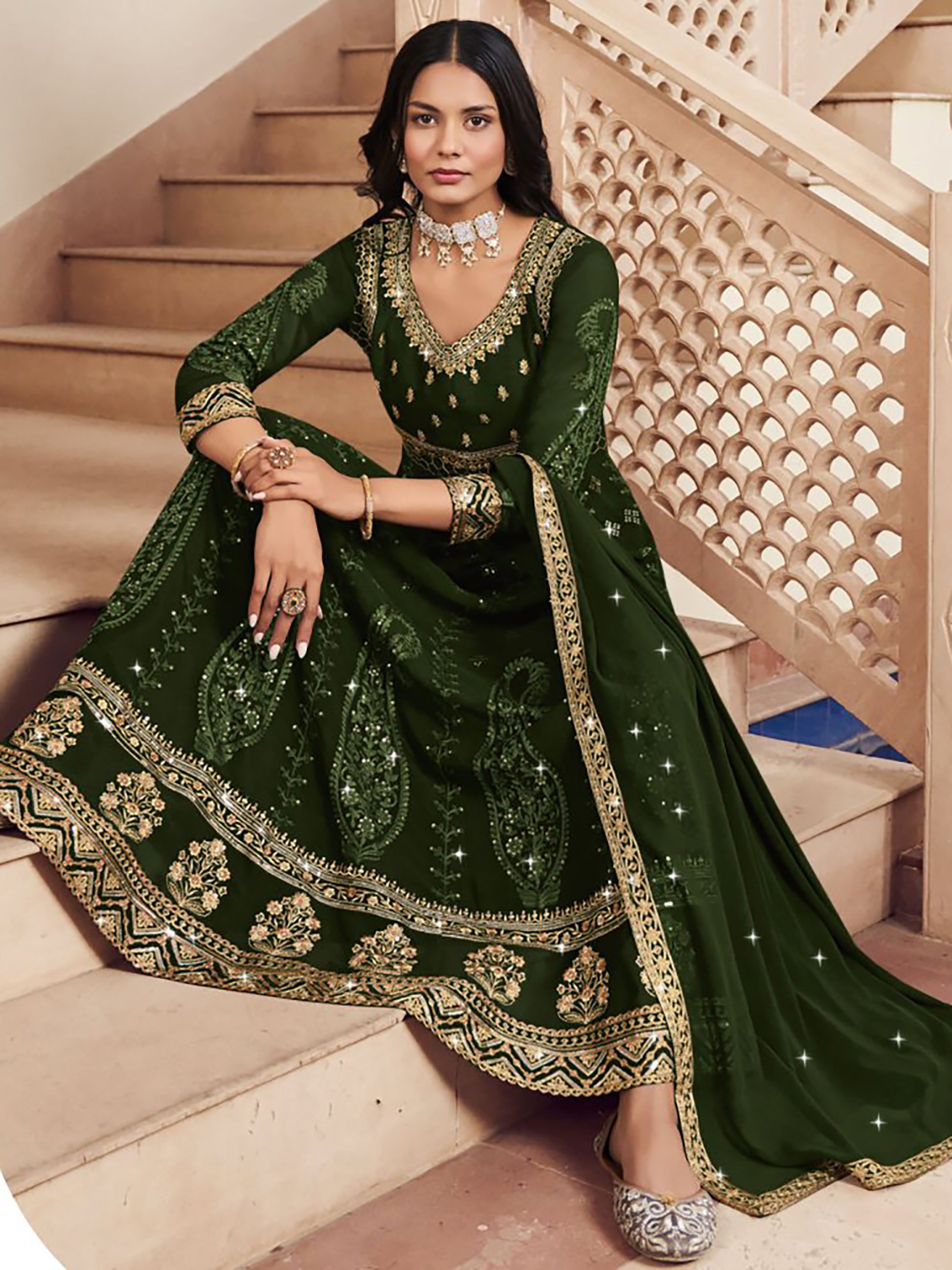 Gorgeous Green Embroidered Georgette Wedding Wear Gown
