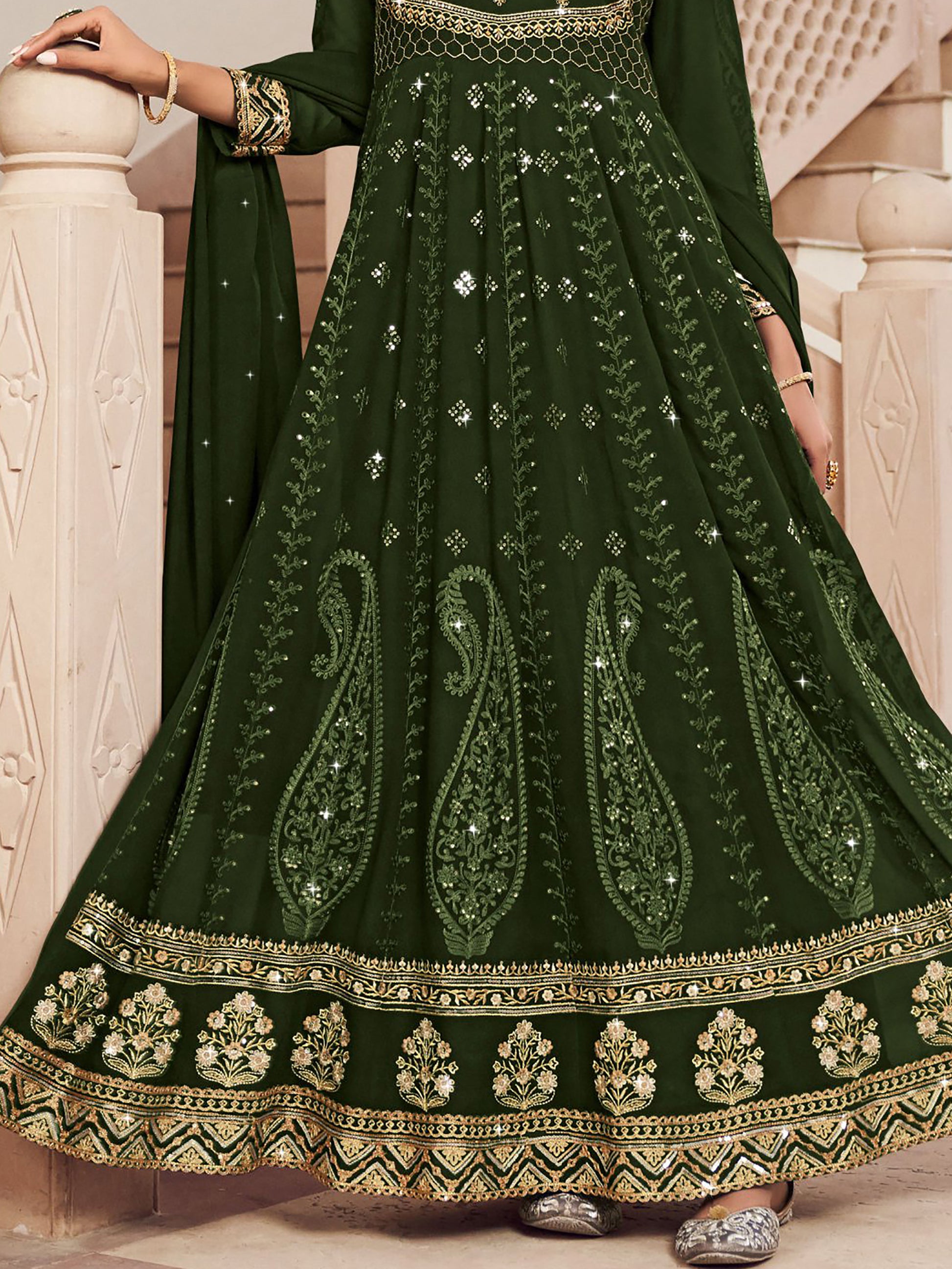 Gorgeous Green Embroidered Georgette Wedding Wear Gown