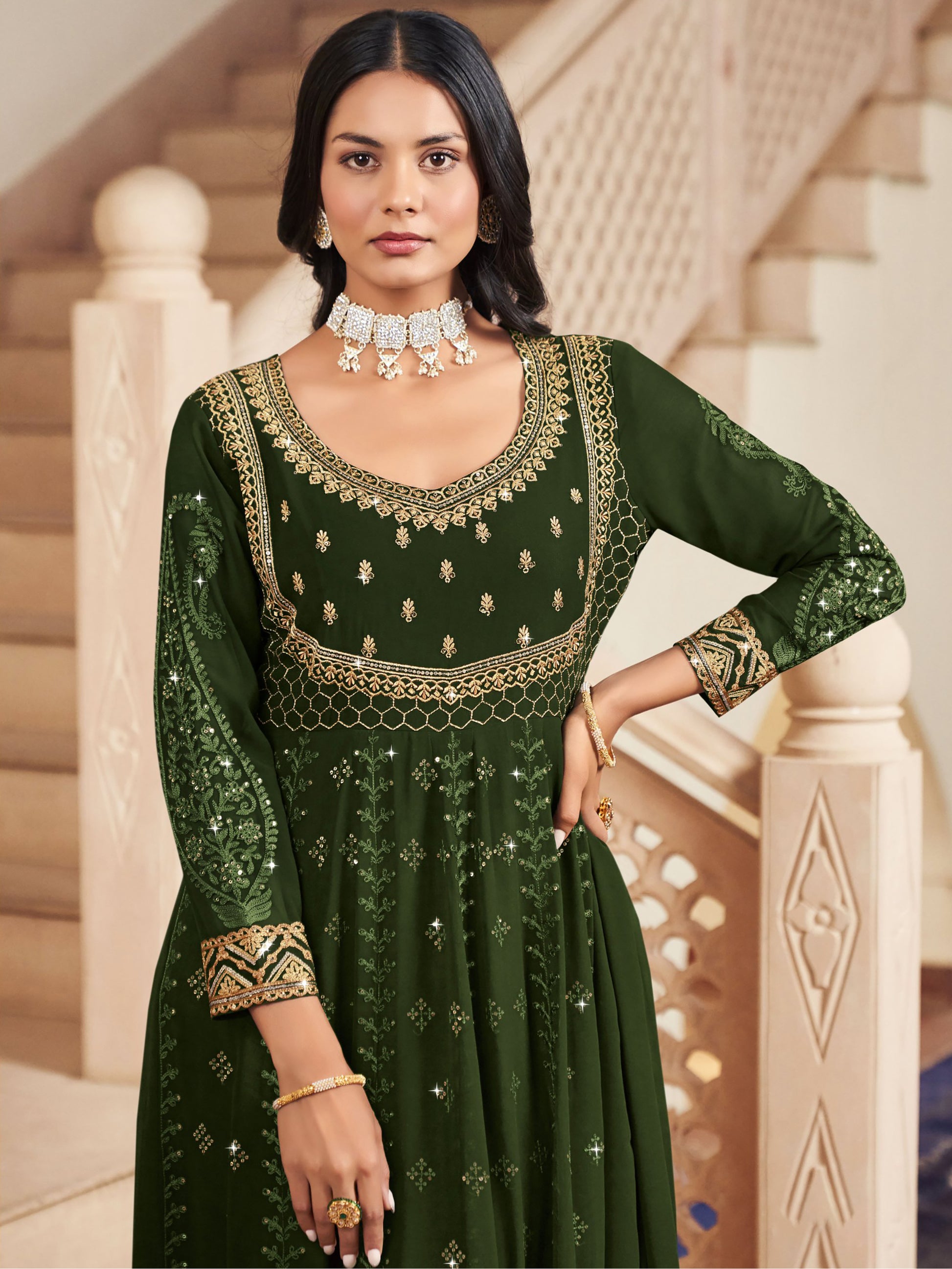 Gorgeous Green Embroidered Georgette Wedding Wear Gown